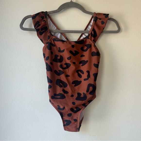🌼 5/$25 Shein Brown Black Leopard Print One Piece Swimsuit Size 120 Kids Beach - Picture 1 of 7